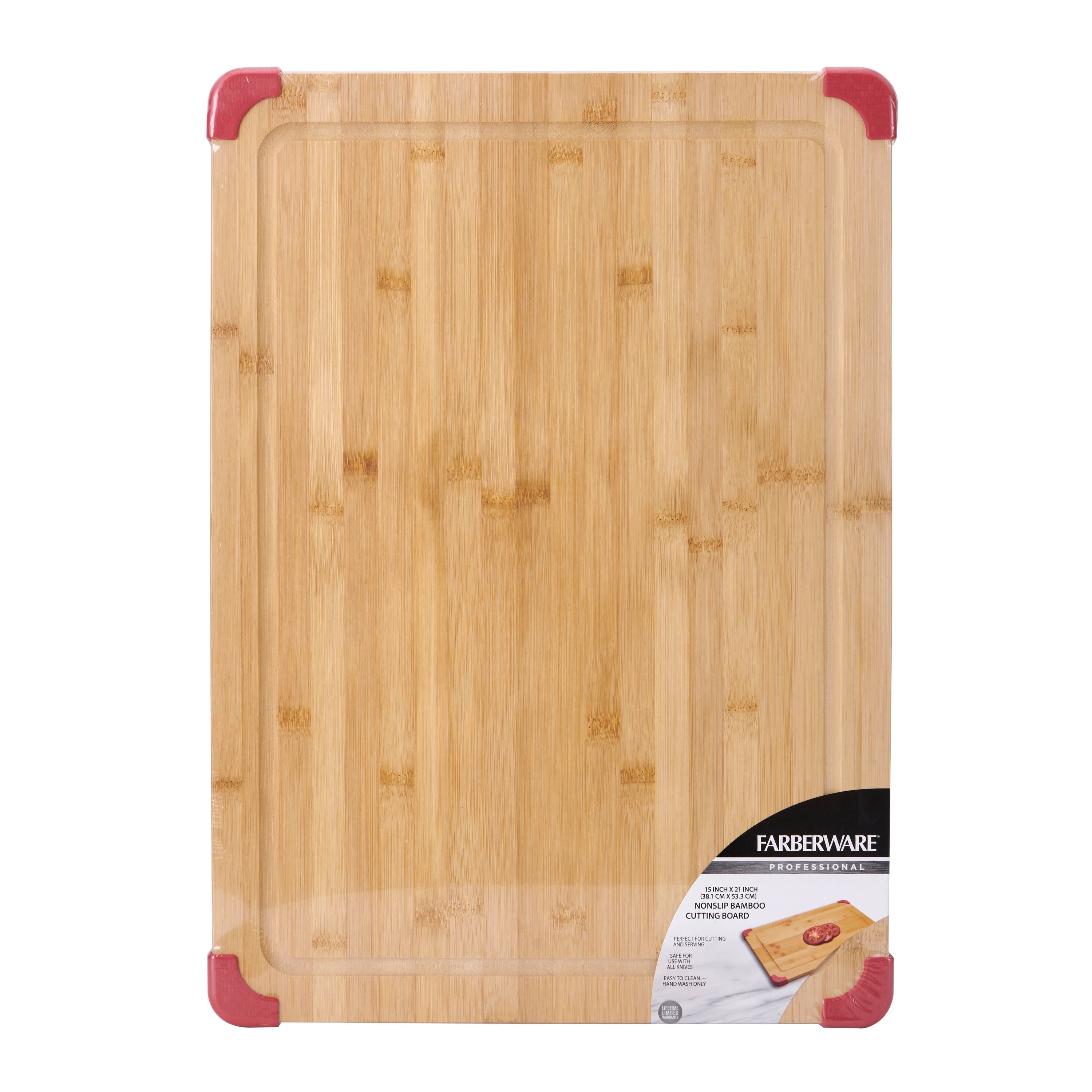 Farberware 15-inch by 21-inch Bamboo Wood Cutting Board with Red Non-slip Corners