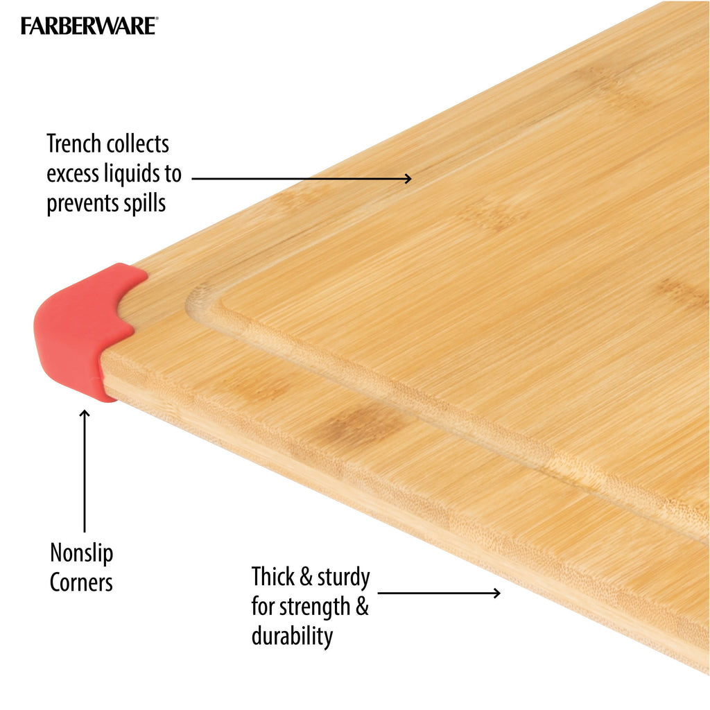 Farberware 15-inch by 21-inch Bamboo Wood Cutting Board with Red Non-slip Corners