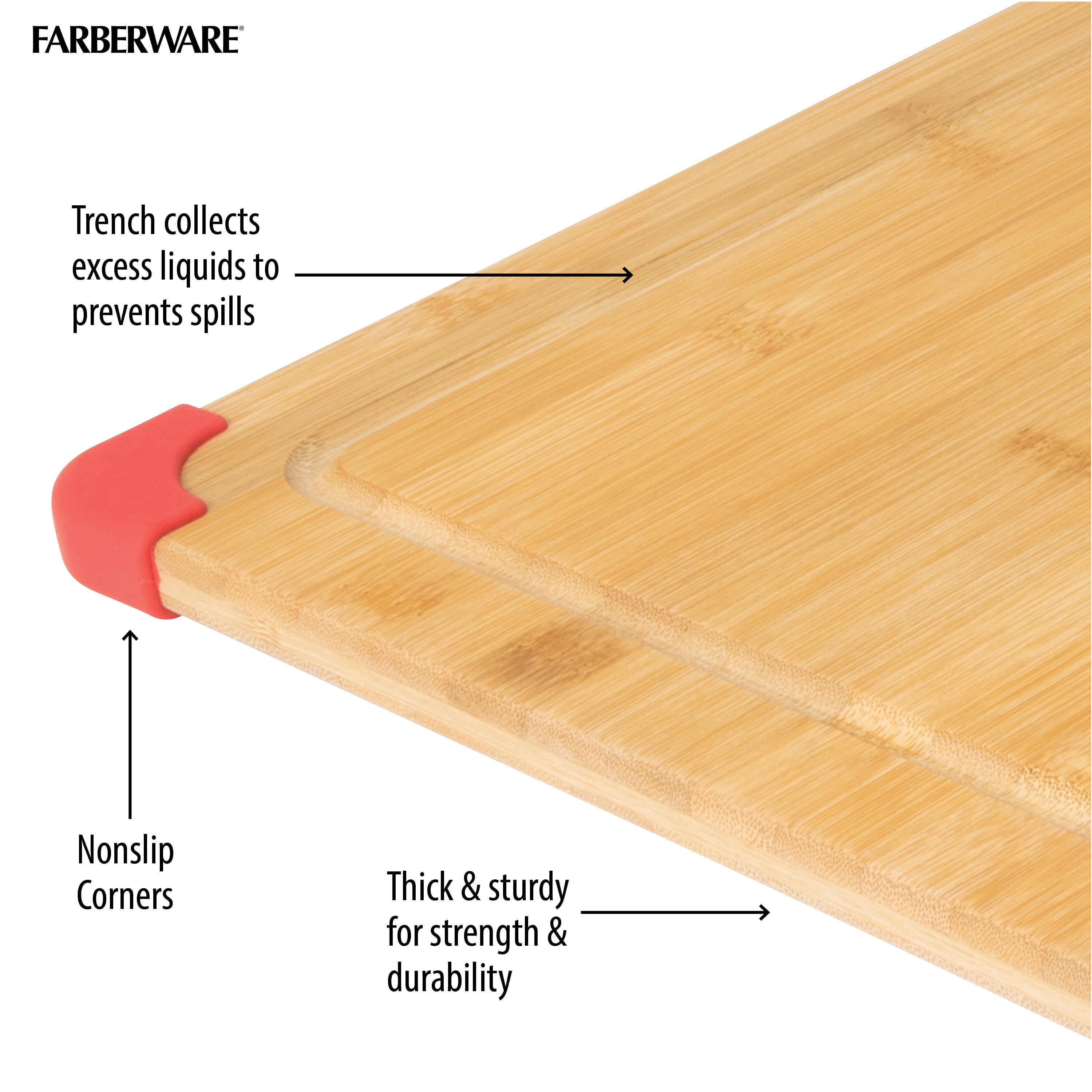 Farberware 15-inch by 21-inch Bamboo Wood Cutting Board with Red Non-slip Corners